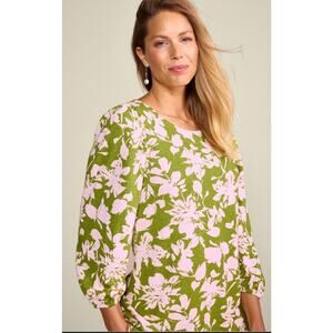 NWT Soft Surroundings Ainsley Linen Blend Tunic Ink Blooms Green Sz L 14/16 $69